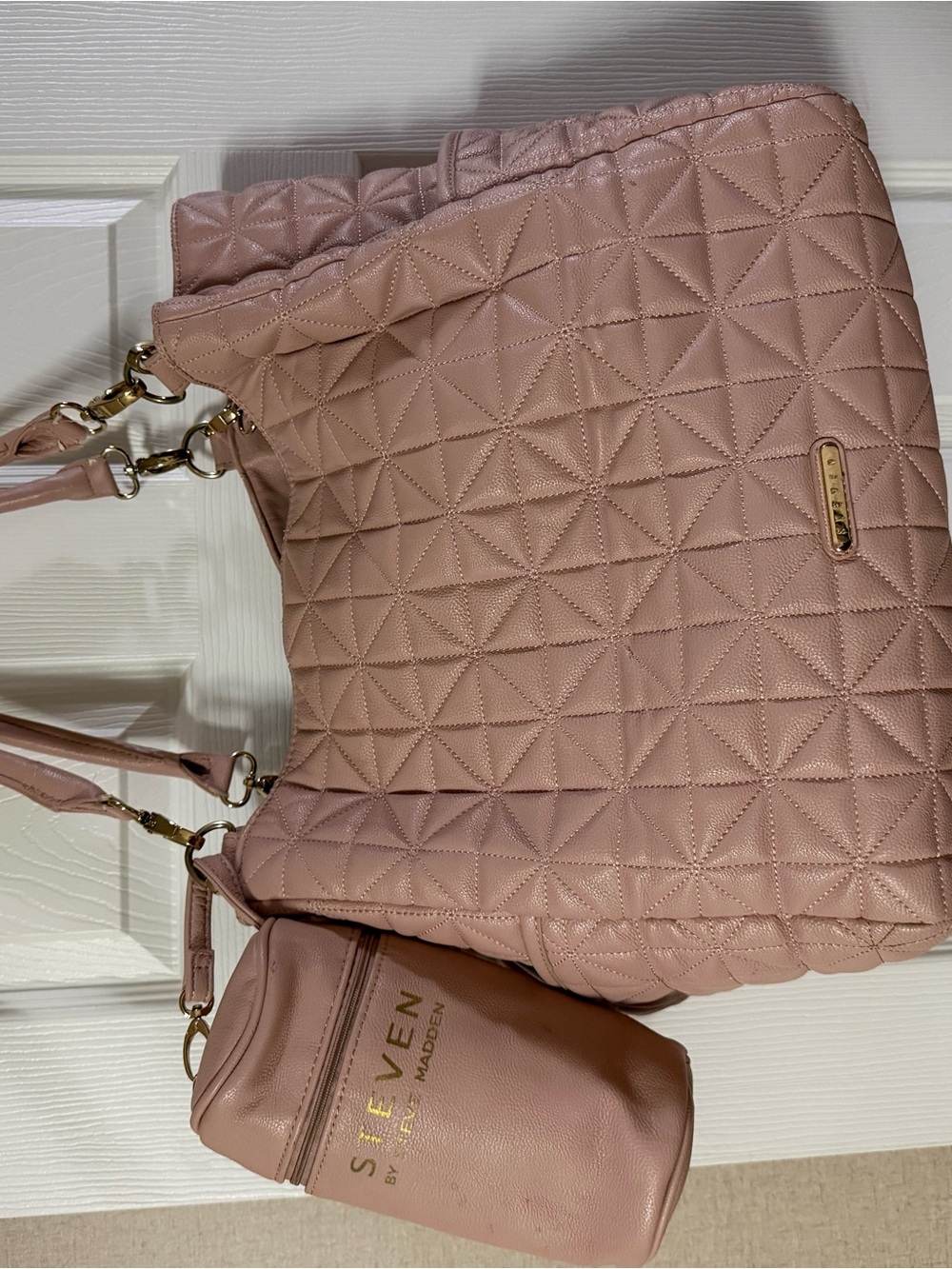 Steve Madden Quilted Tote and Accessory Pouch in Dusty Rose